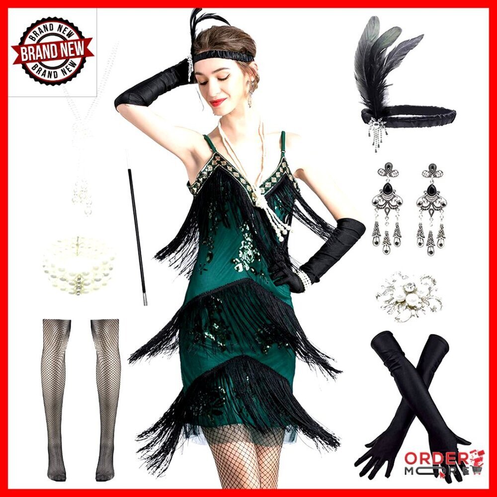 Sequin Flapper Dress with Tassels, Satin Gloves, and Accessories Set